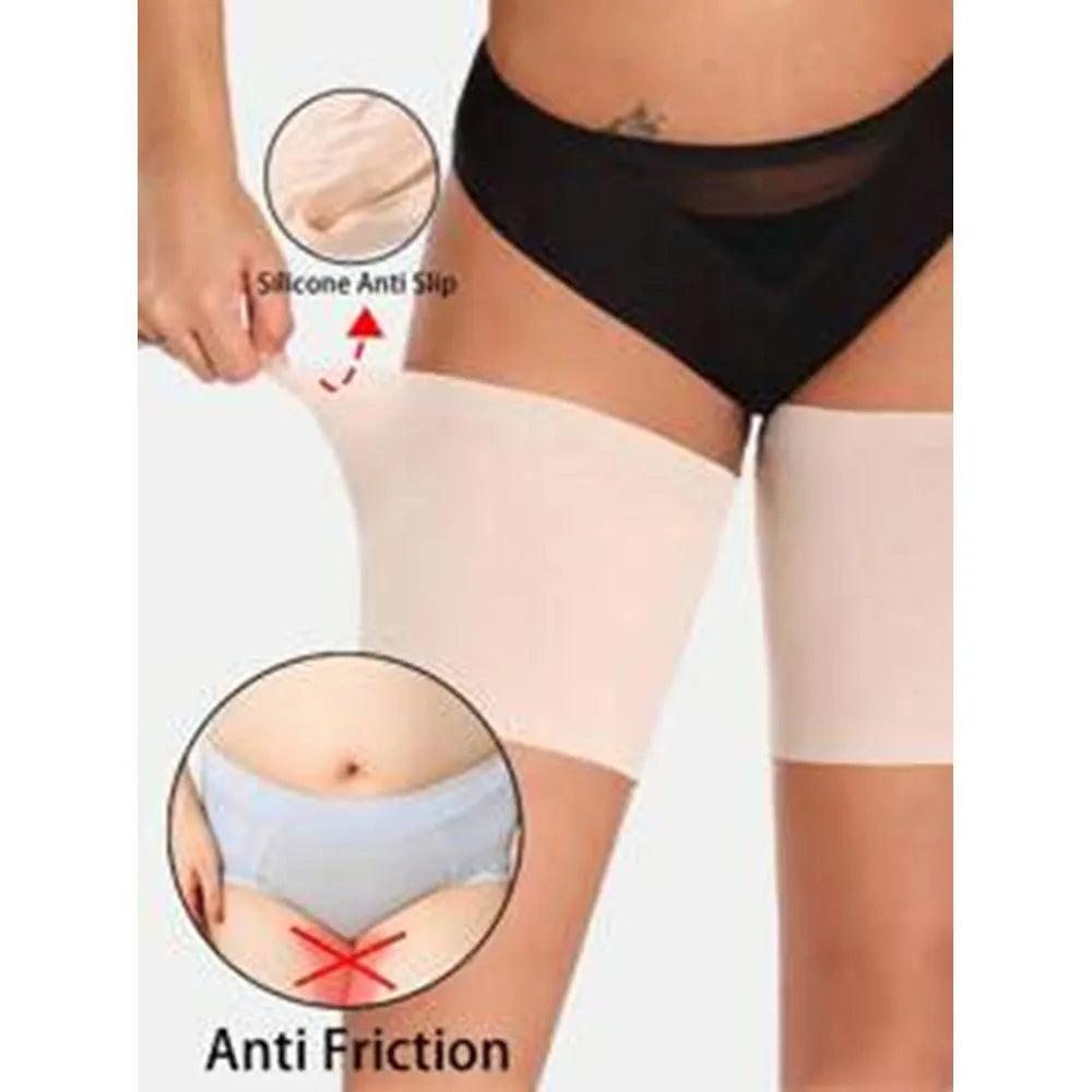 Women's anti-friction silicone thigh strap in black with adjustable nylon band on plain background