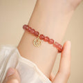 Strawberry quartz glass bead blessing card bracelet for women, New Chinese style, universal wrist size, manual crafted