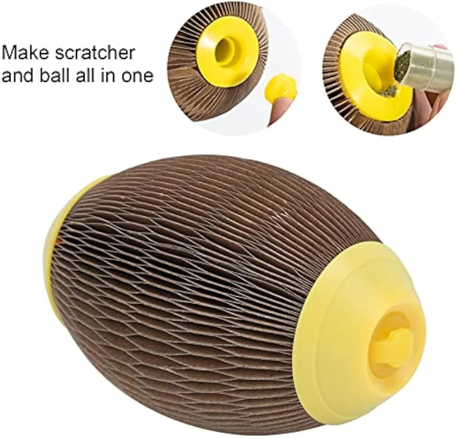 Elliptical corrugated paper catnip scratch football toy for cats.
