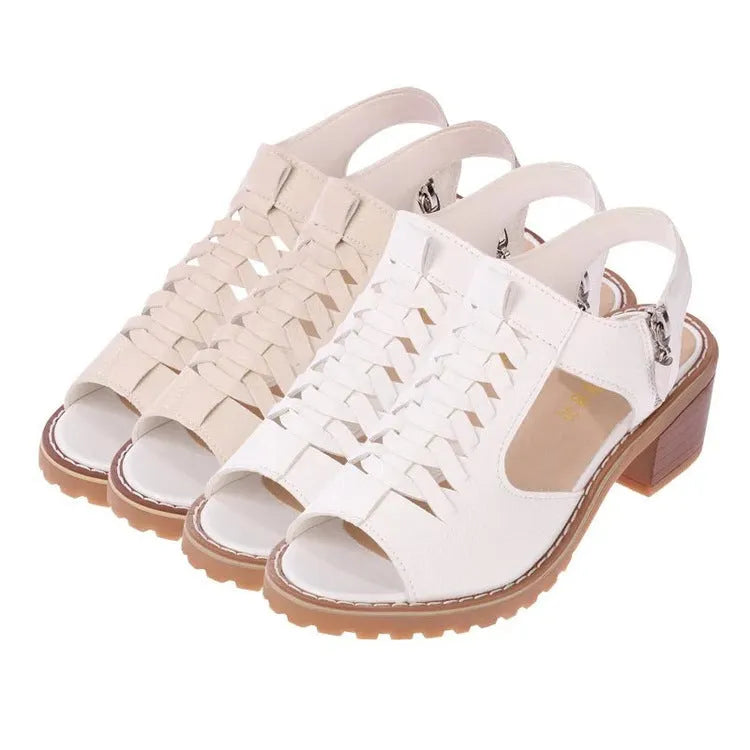 Women's retro sandals with a side zip in black, creamy white or white colours on a mid-heel.