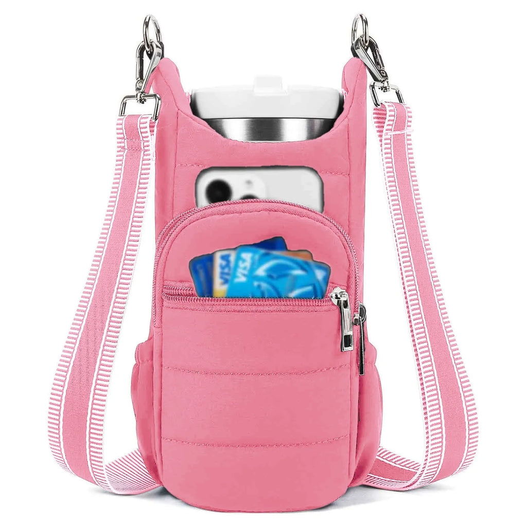 Cloth bicycle water bottle bag in black, pink and beige colours