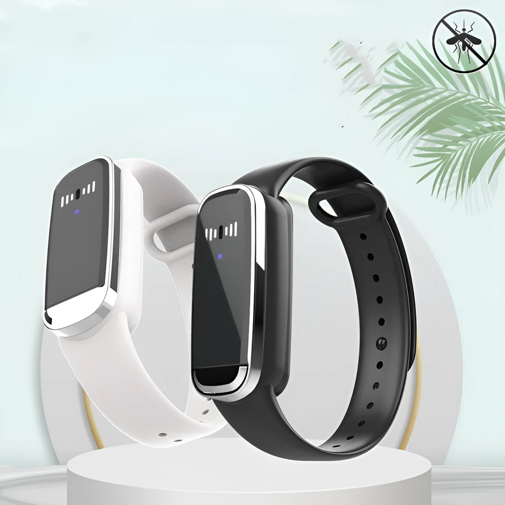 Ultrasonic mosquito repellent bracelet for pregnancy and baby protection shown in black and white colour options