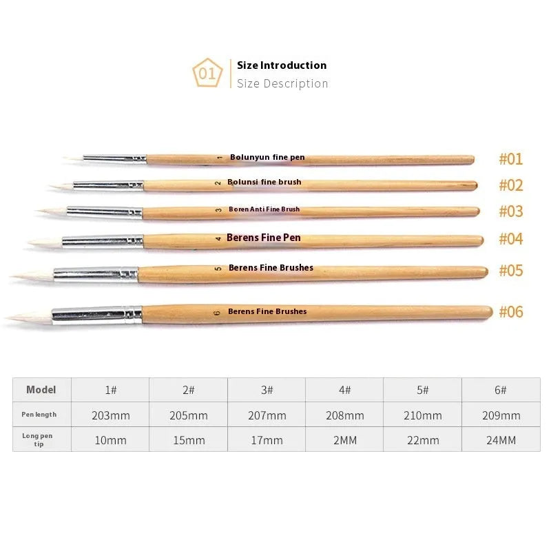 6 wooden hook line pen brushes for wool craft with pointed handles and conventional colours