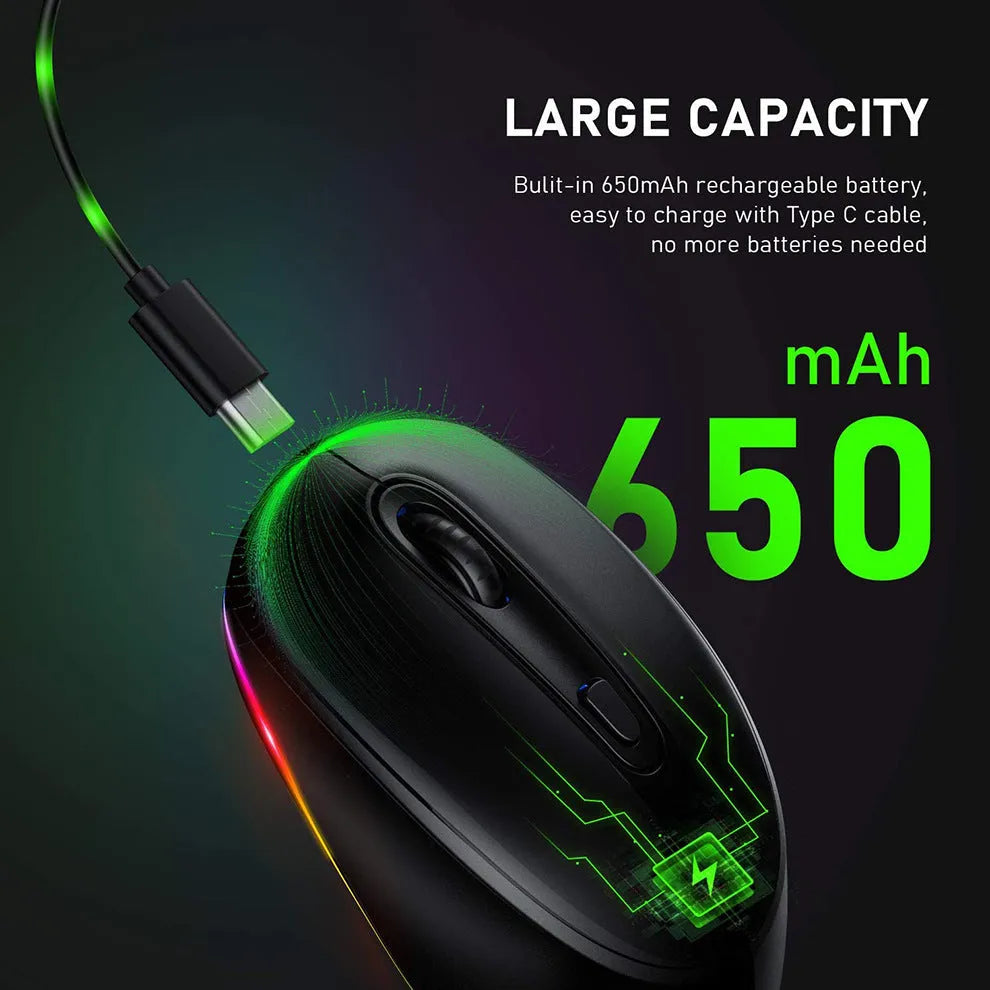 Lightweight wireless mouse for laptops in blue, showing ergonomic shape and USB charging cable.