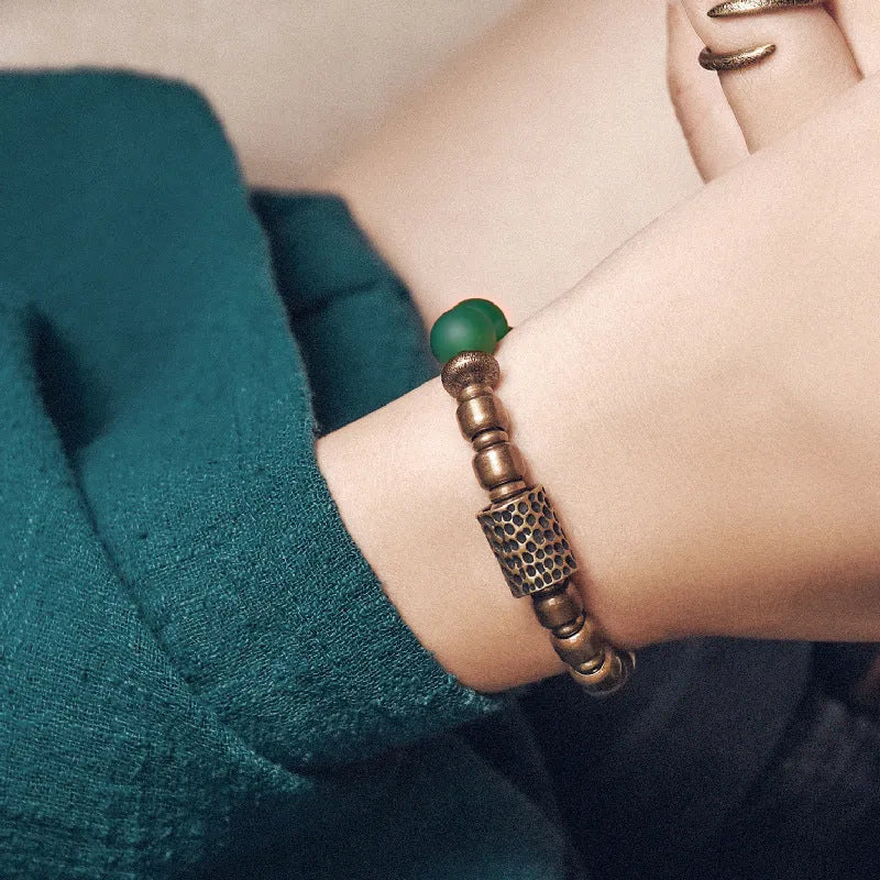Retro ethnic style natural agate bracelet for couples in green or red, with old processing technique