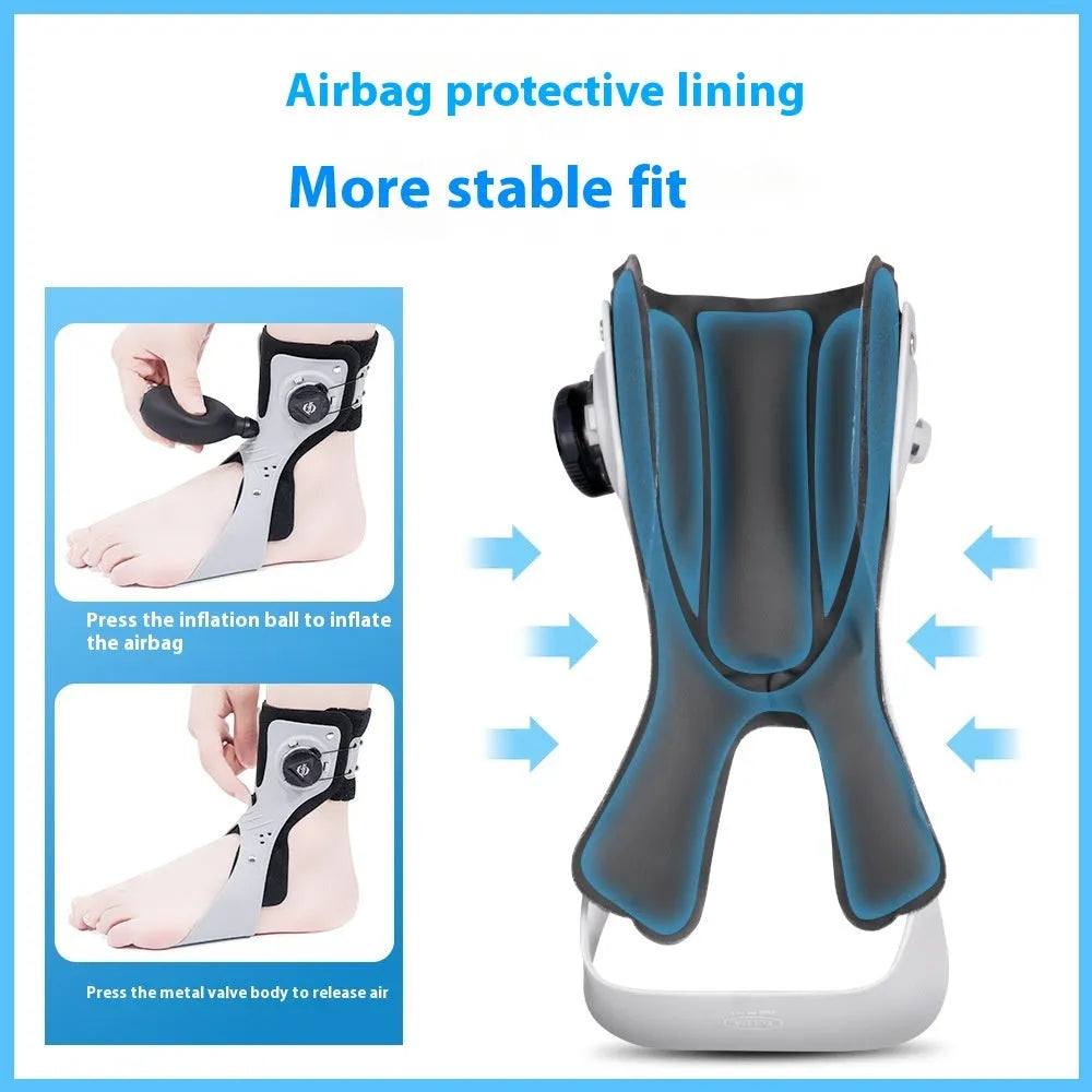 Grey ankle support brace with an airbag button adjustment system shown on a foot.