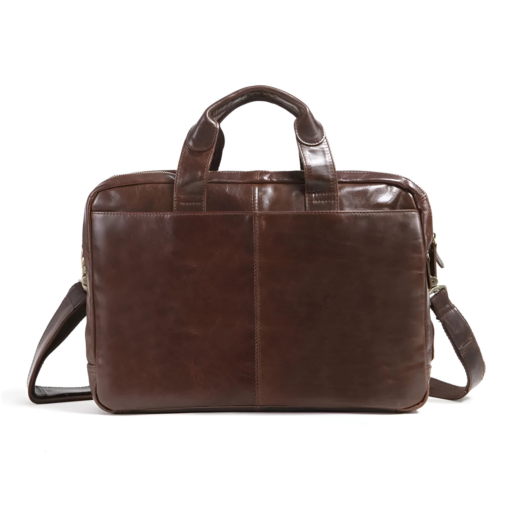 Brown cowhide leather business briefcase with 18-inch size for laptop storage