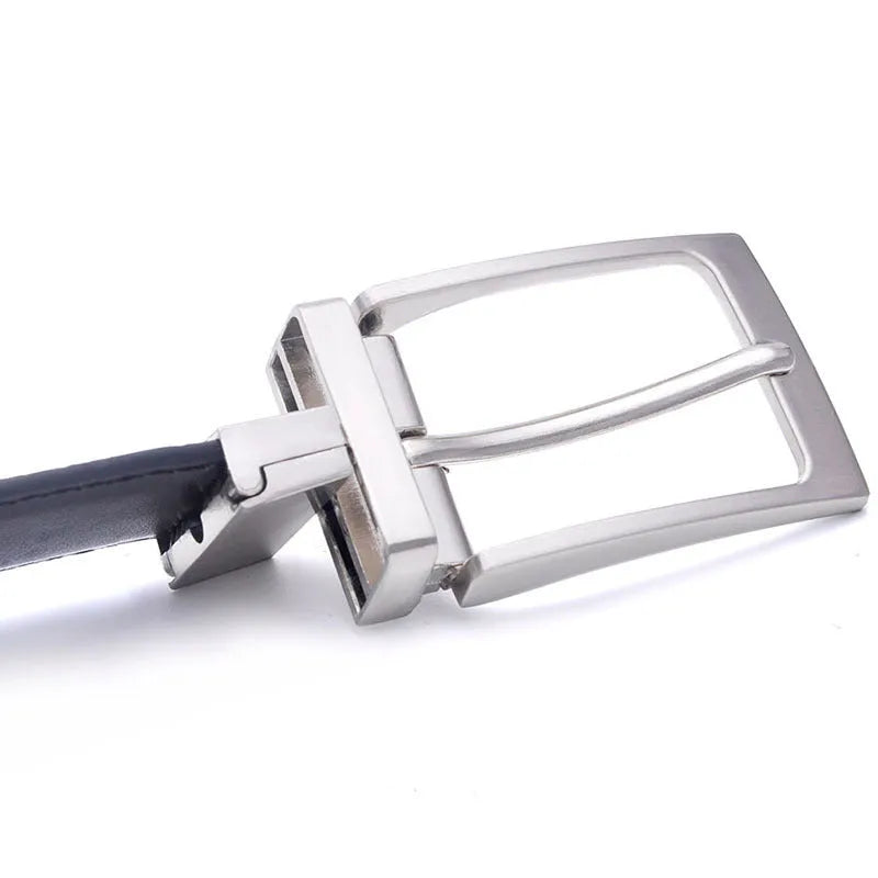 Men's dark brown and black genuine leather belt with a silver rotating pin buckle.
