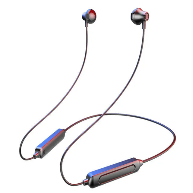 Black neck-mounted wireless sports earphones with Bluetooth 5.0 and custom logo printing capability