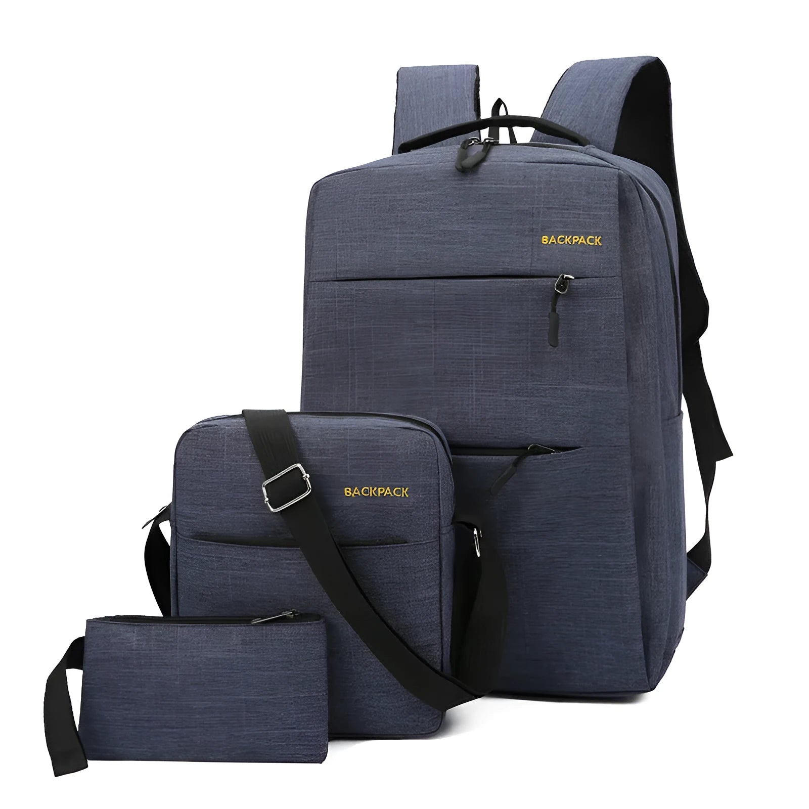Men's USB charging computer bag three-piece set in wine red showing internal compartments and air pillow belt