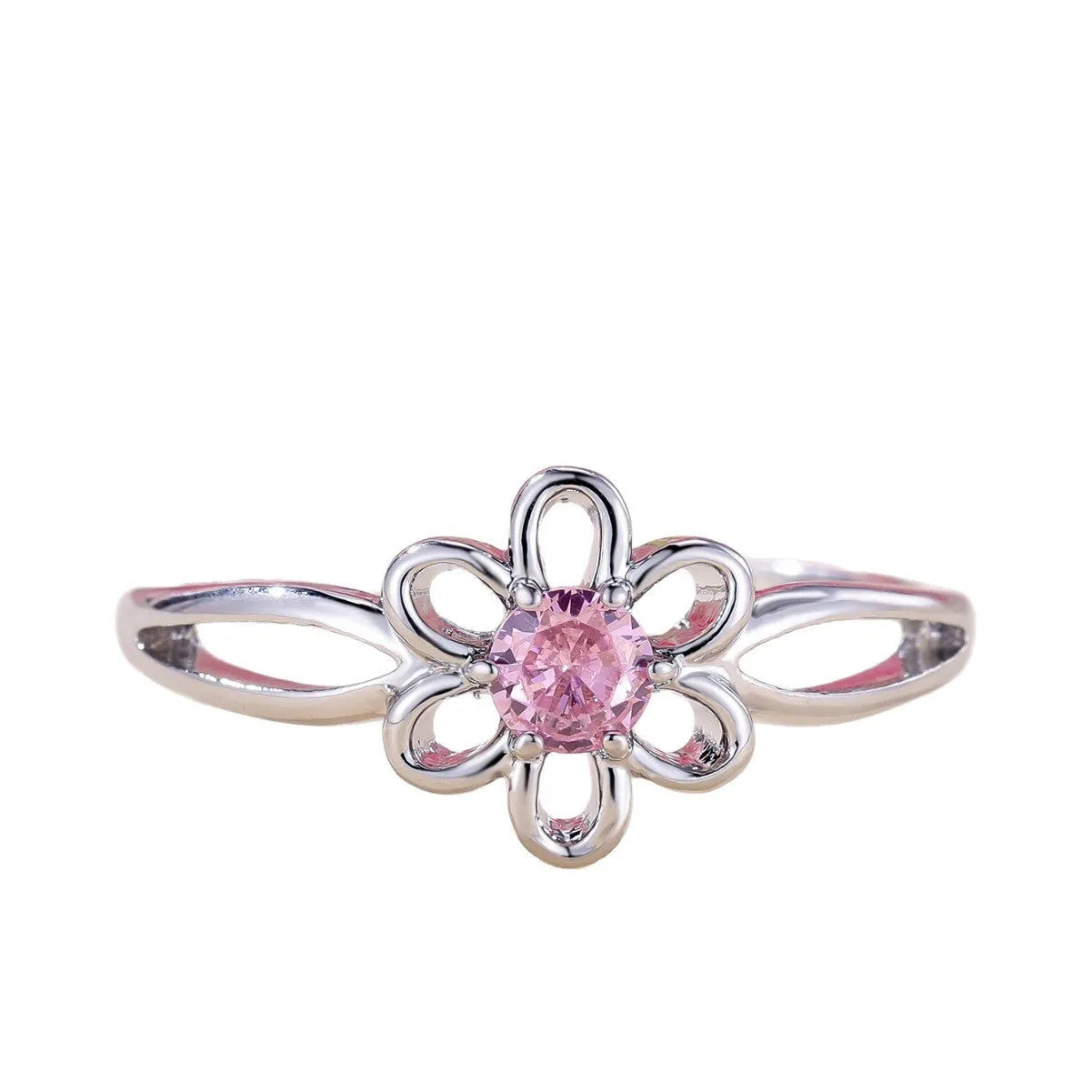 Close-up of a women's hollowed flower ring with a platinum pink diamond electroplated finish.