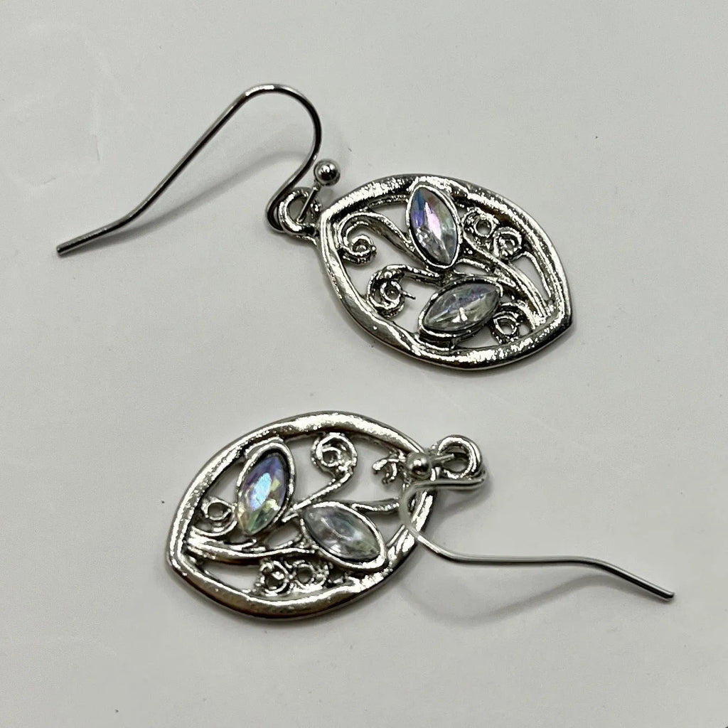 Women's silver alloy earrings with colourful moonstone embedded in leaf design