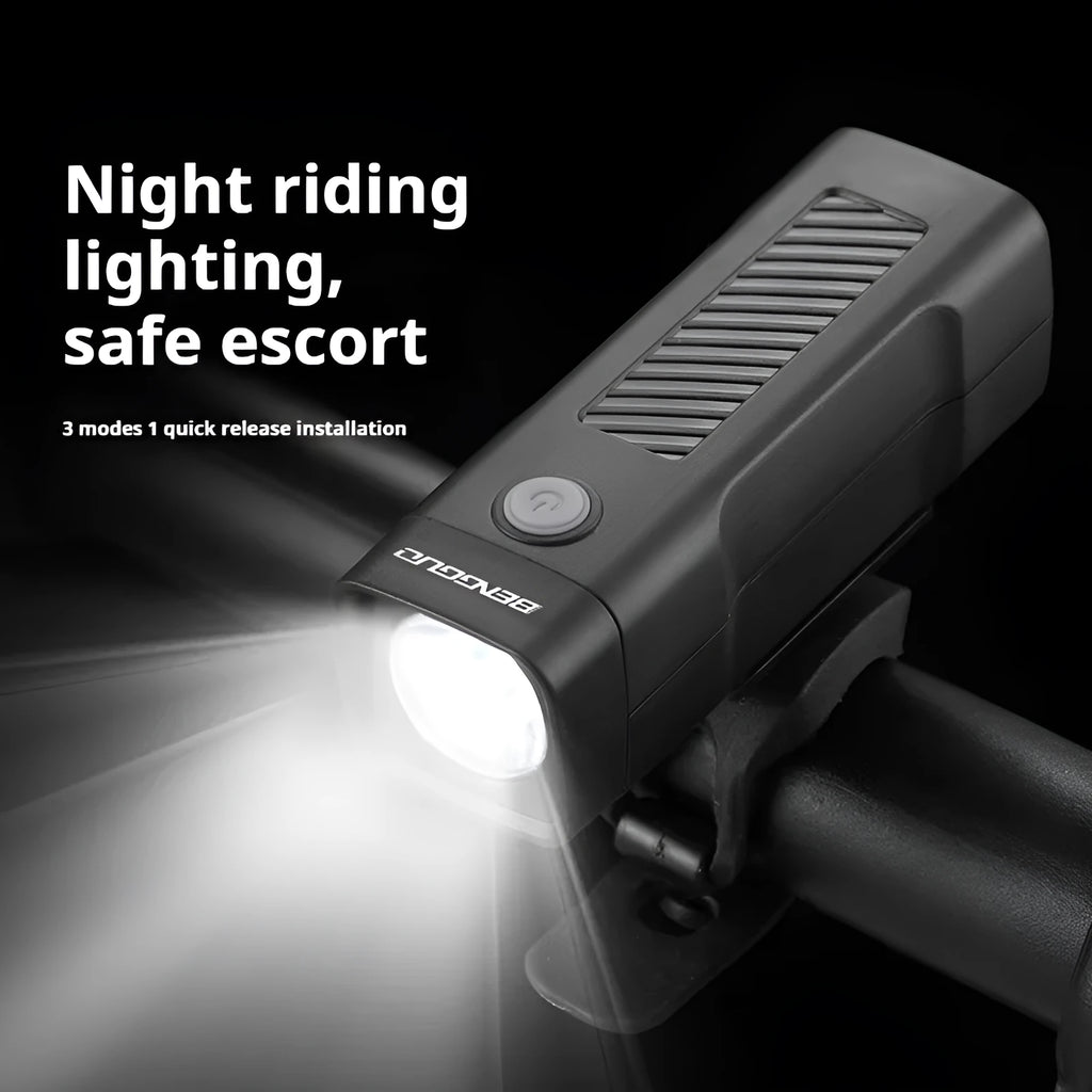 USB rechargeable bicycle headlight mounted on bike handlebars with 100 lumens brightness for night riding