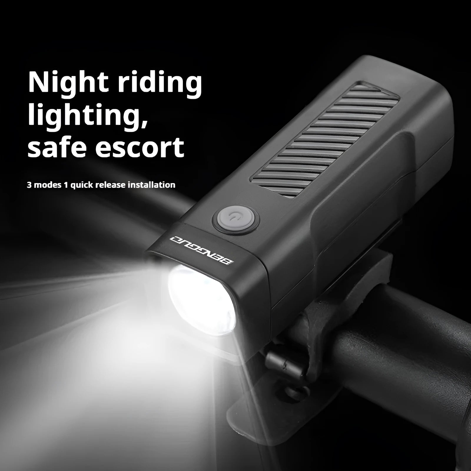 USB rechargeable bicycle headlight mounted on bike handlebars with 100 lumens brightness for night riding