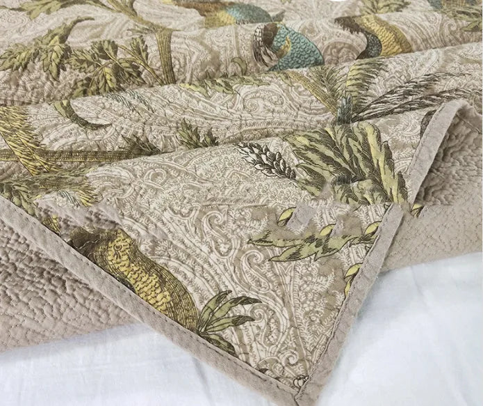 Blue cotton bedspread set with botanical flower and bird pattern, American style design