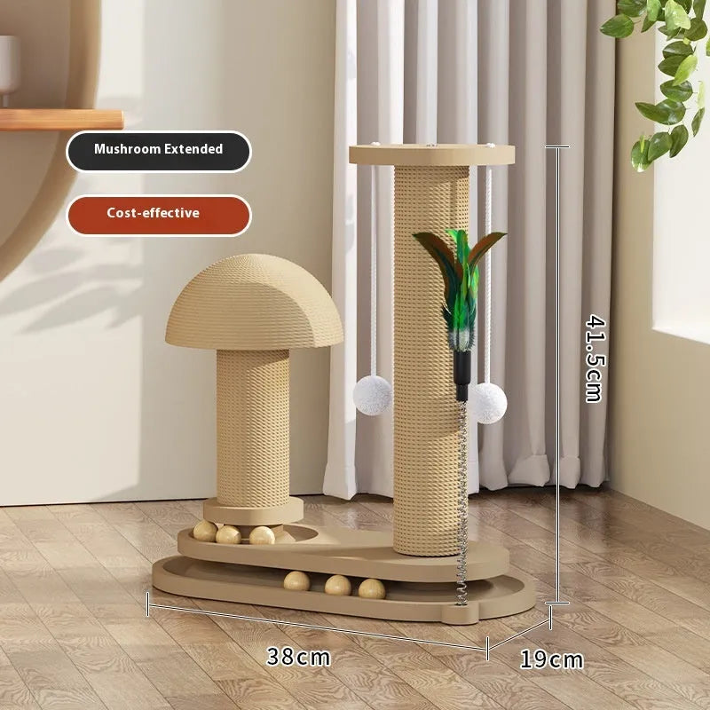 Solid wood cat scratching post with sisal rope base and central rotating turntable platform.