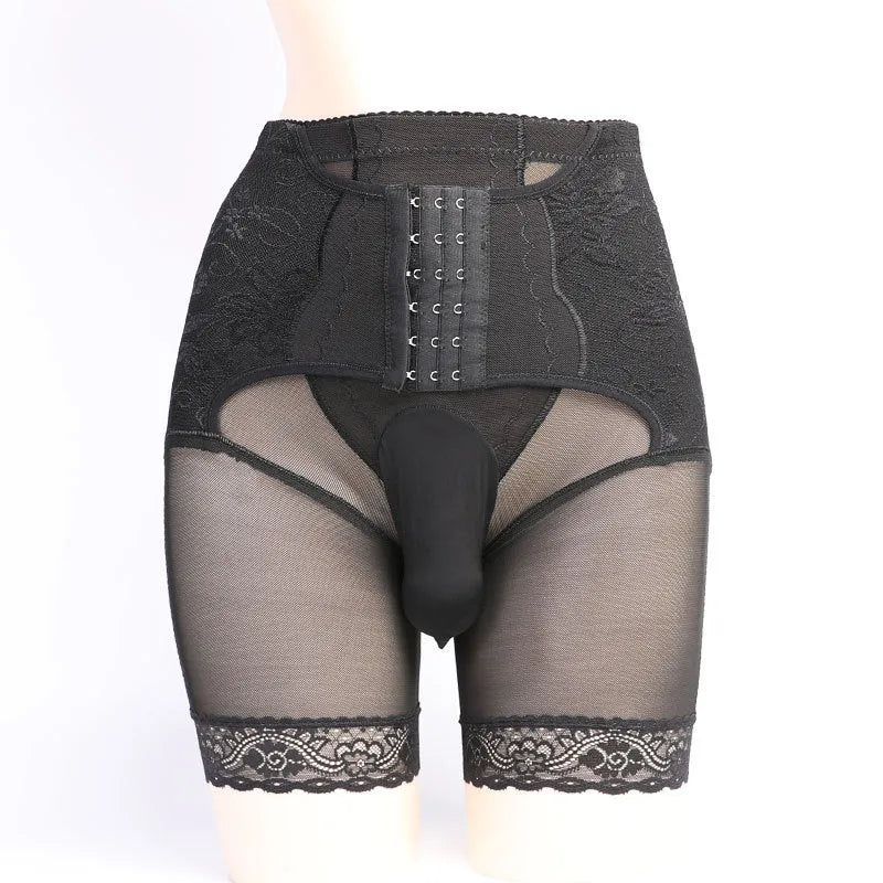 Men's nylon mesh shorts in black and skin colours showing multiple fly style options