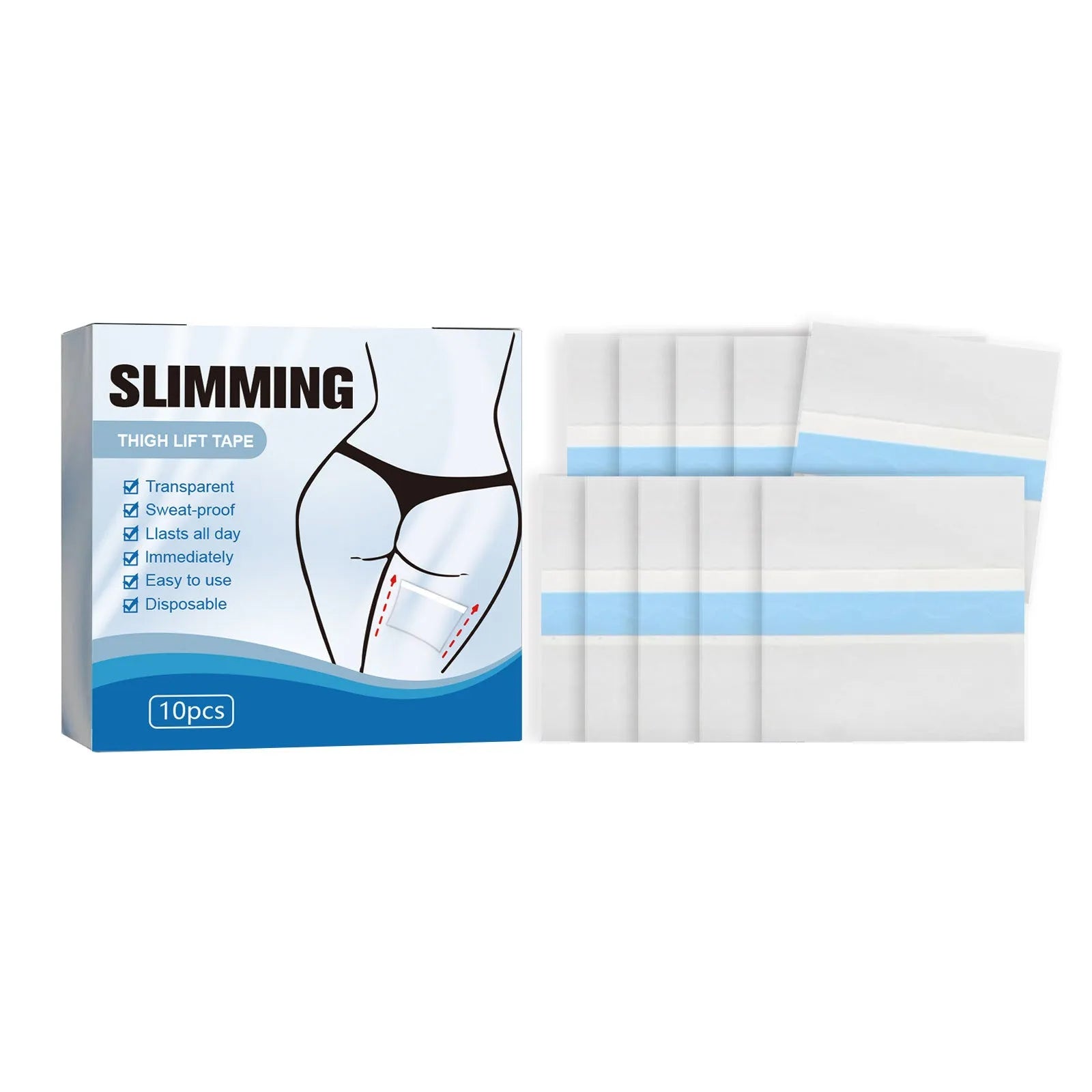 Box of 10 square body shaping navel patches on skin, each 12cm by 12cm.