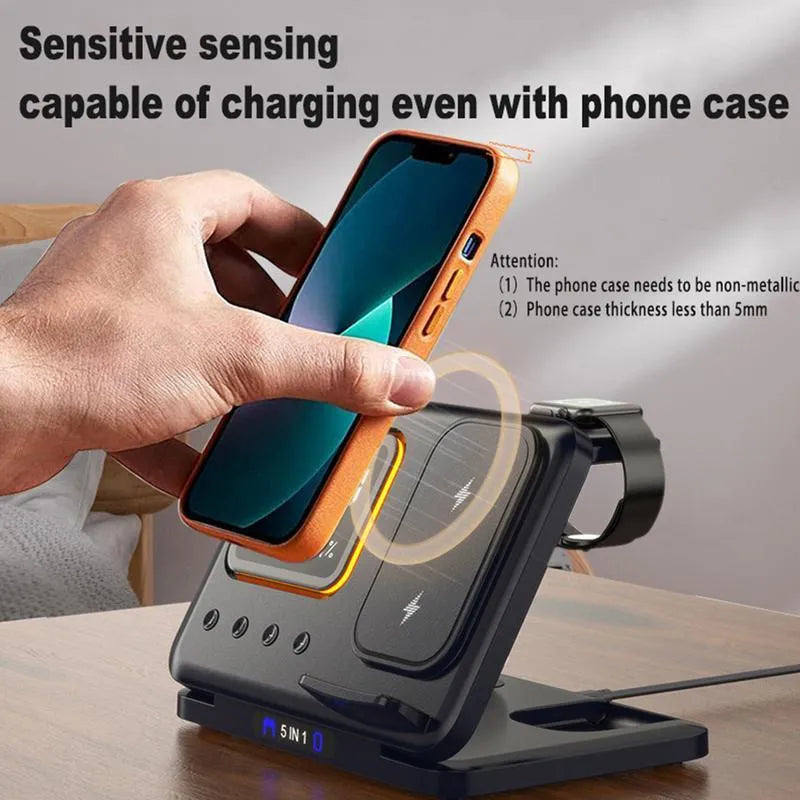 Black and white foldable wireless charging station with digital clock displaying time and temperature