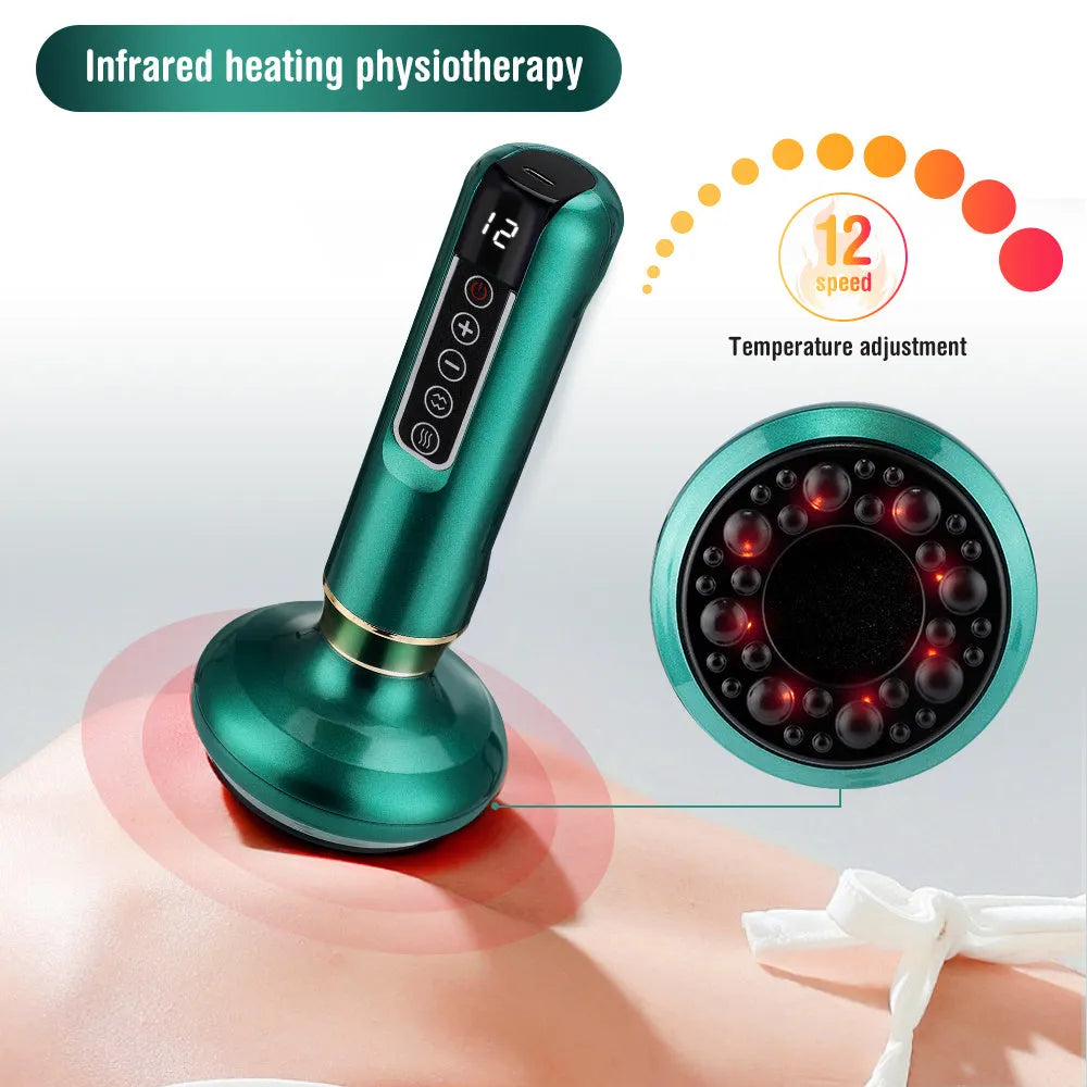 Green electric vacuum cupping massager with USB cable on a table