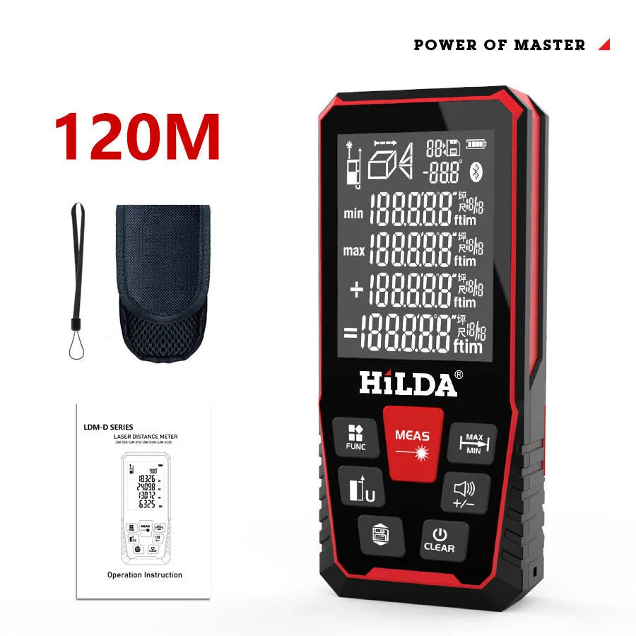 Handheld plastic digital laser rangefinder for measuring distances up to 120 metres.