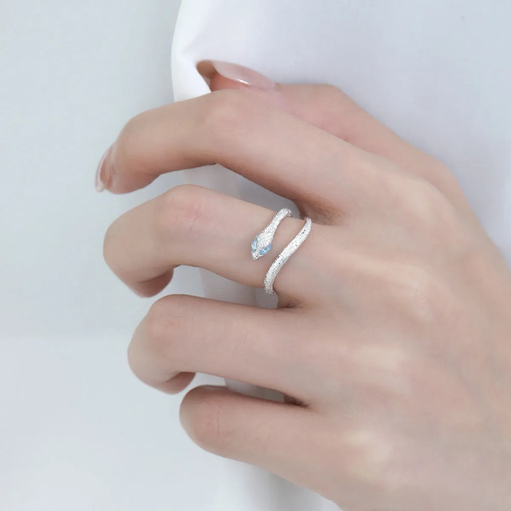 Women's adjustable snake motif ring in platinum colour electroplated silver