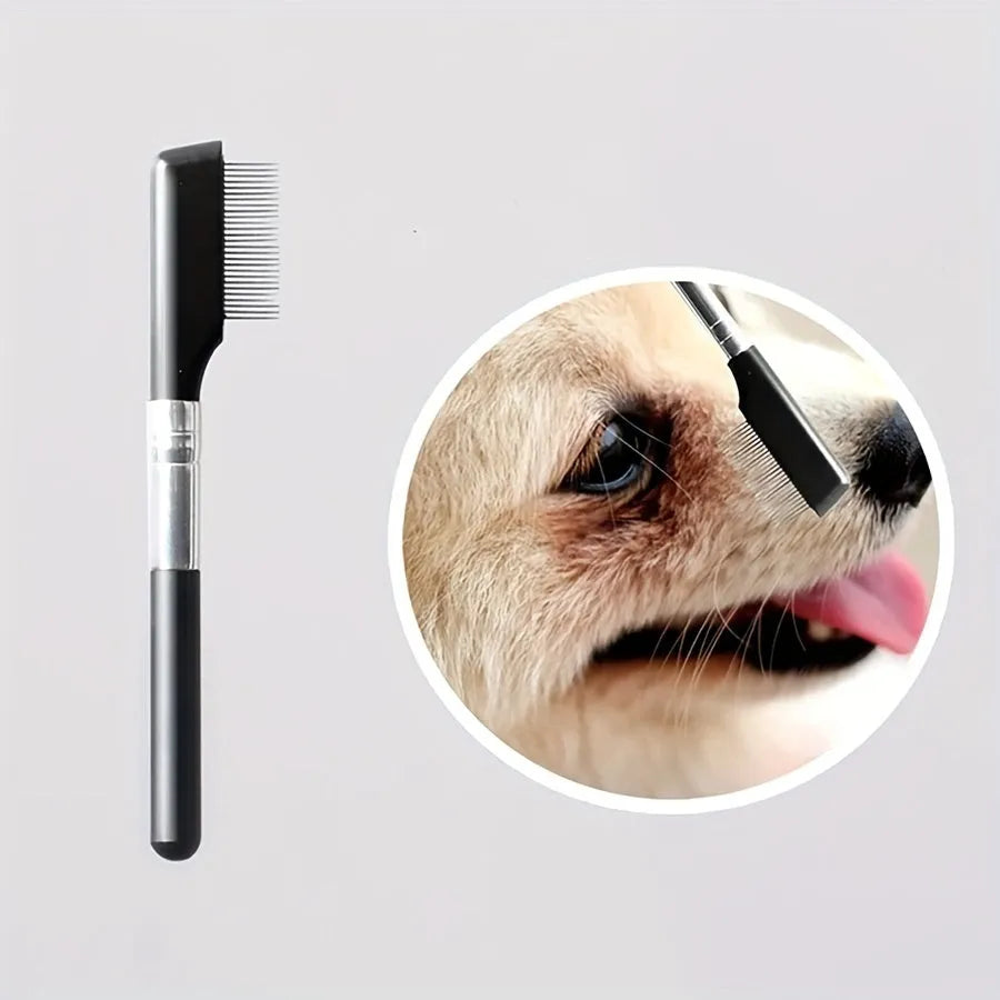 Black pet grooming brush with soft silicone bristles for gentle eye cleaning on dogs and cats