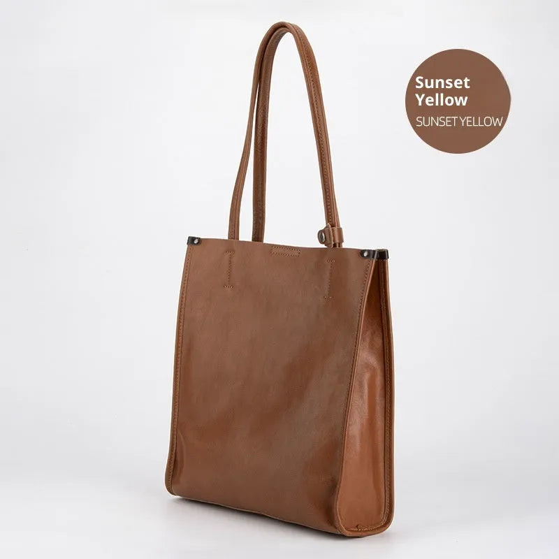 Genuine leather large capacity city commuter shoulder bag square vertical tote in black