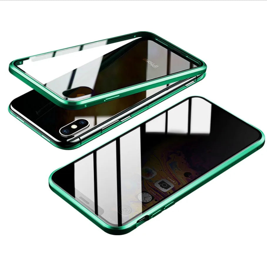 Geometric design aluminium clamshell phone case for iPhone with RFID blocking glass front in six colour options.