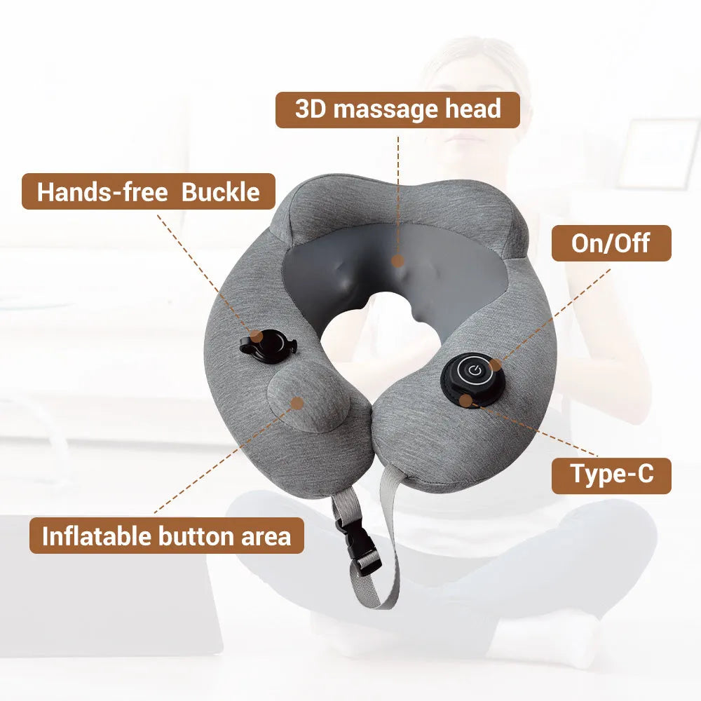 Gray inflatable U shape neck massager pillow with kneading massage modes and travel carry bag