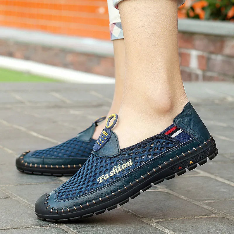 Men's brown casual mesh shoes with round toe and non-slip rubber sole on a white background.