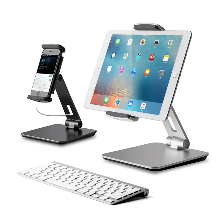 Folding aluminium phone and tablet stand with 360-degree rotation in silver colour