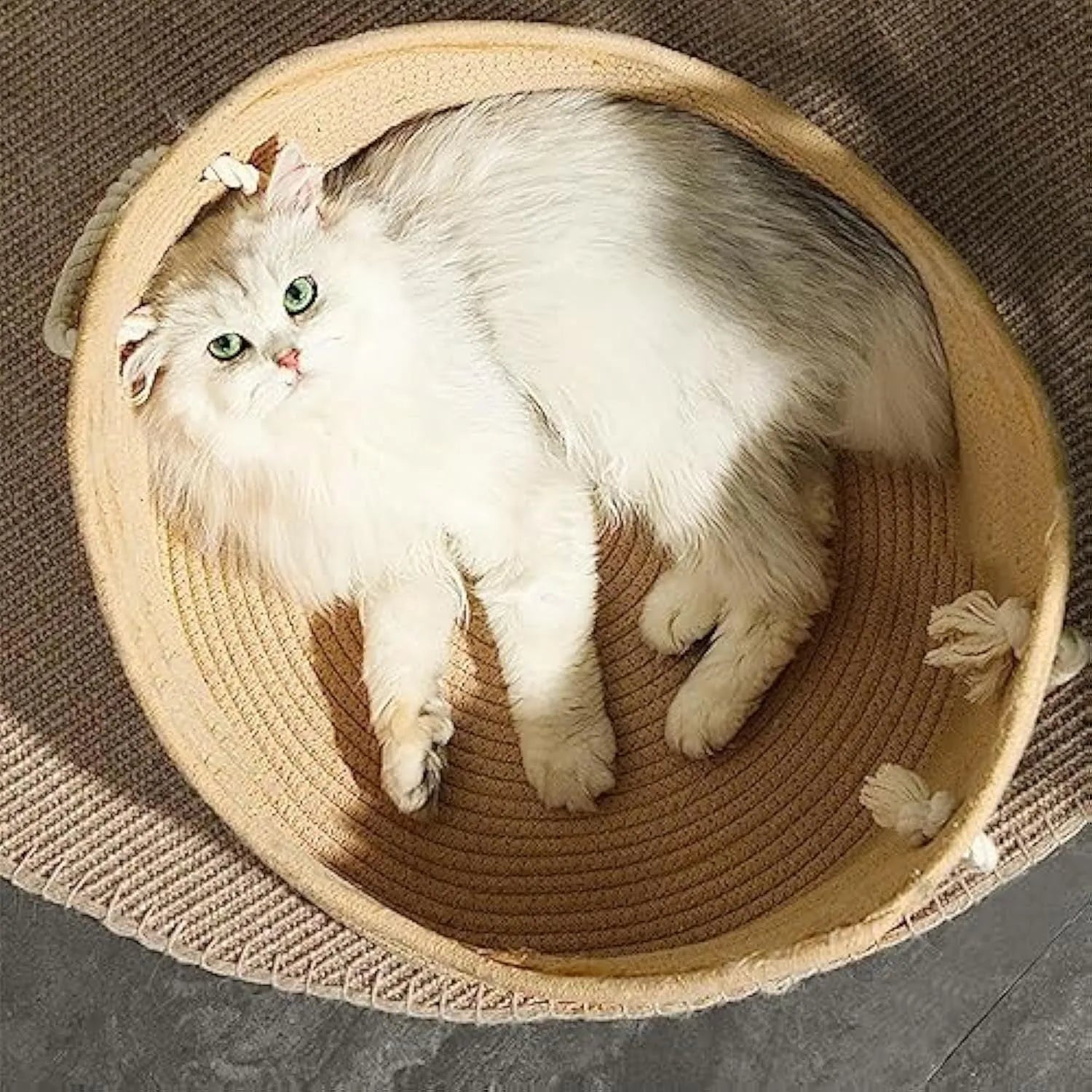 Wicker-style corrugated paper cat bed basket with integrated scratching surface