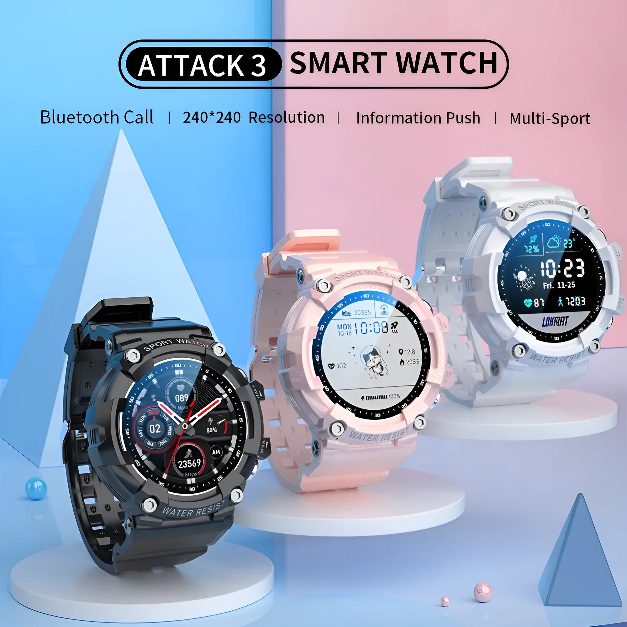 ATTACK 3 smart sports watch with round colour screen and black TPU strap