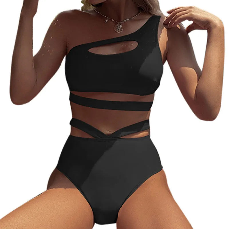 Women's one-shoulder high waist T-back swimsuit in solid colour showing hollow split detail