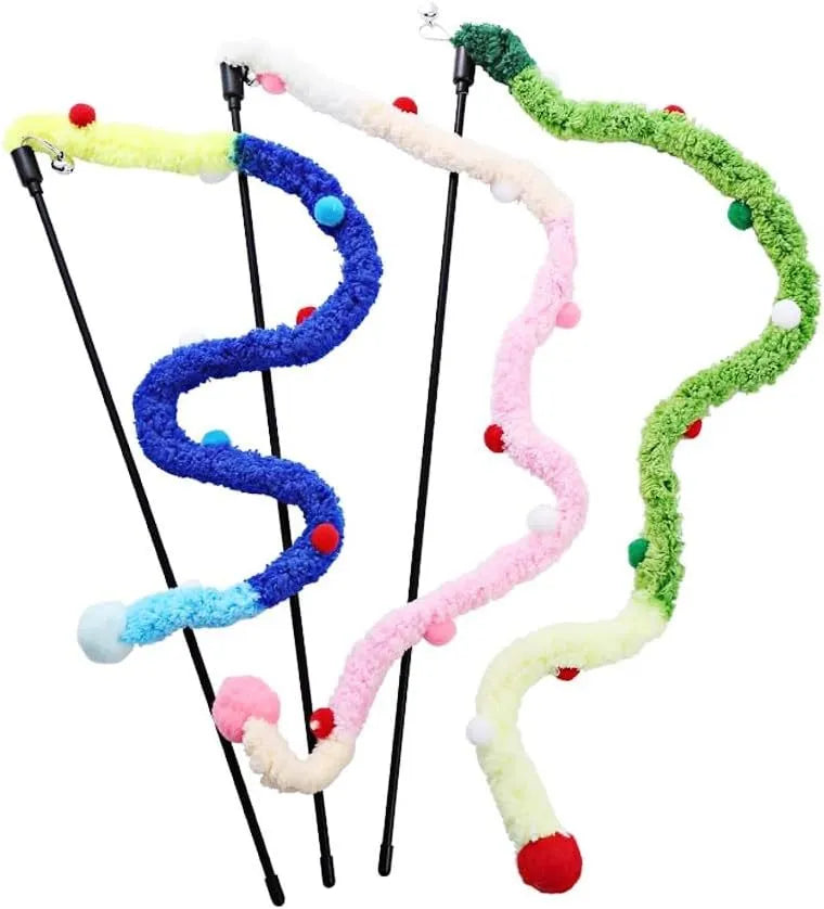 Blue cat wand toy with long plush strip and colourful fluffy ball with bell