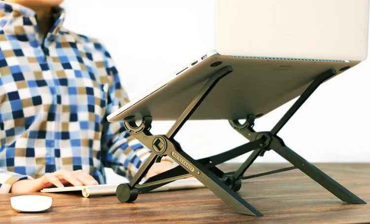 Black folding laptop stand with 360° rotating base shown in open and closed positions