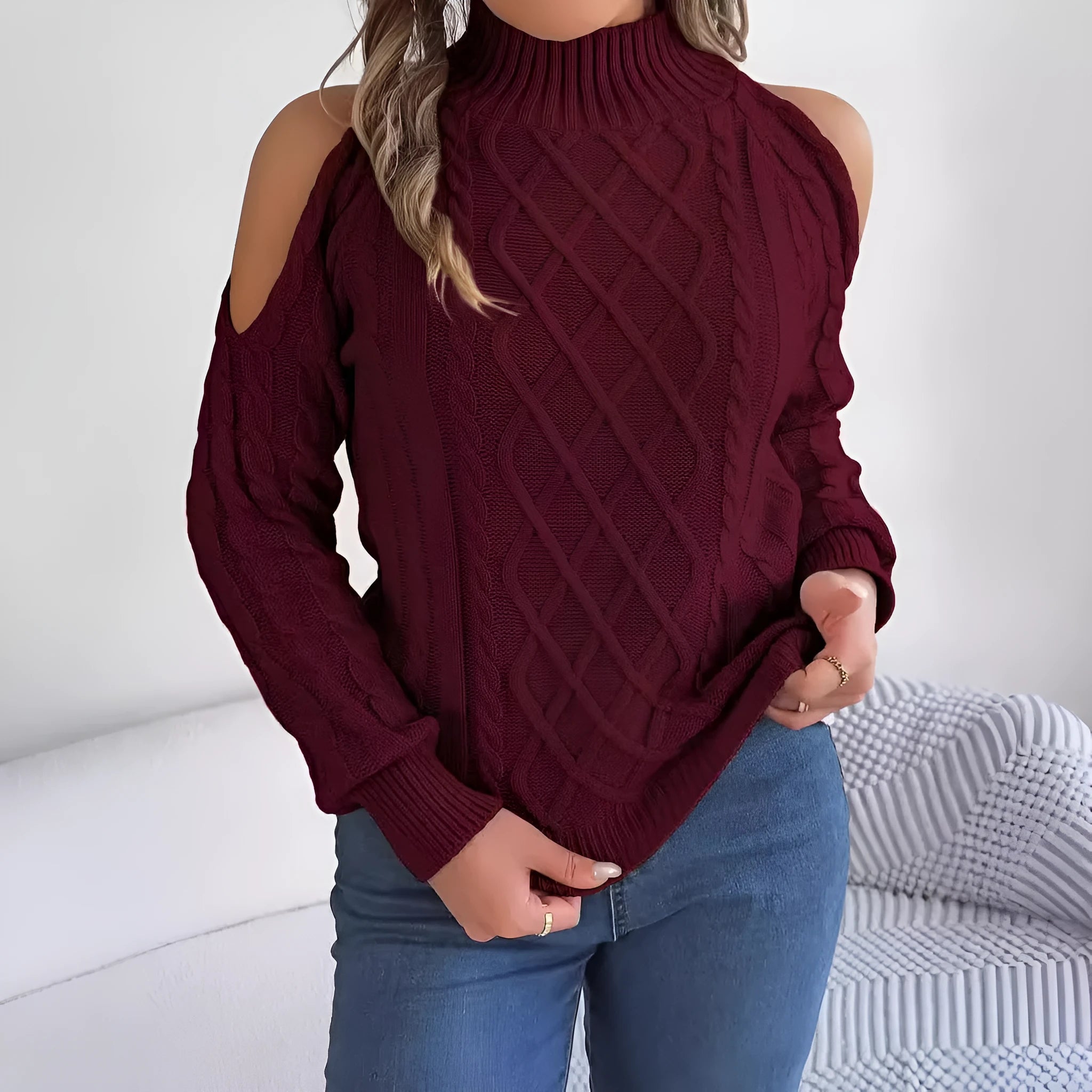 Women's strapless grey acrylic sweater with lantern sleeves and twisted pattern detail
