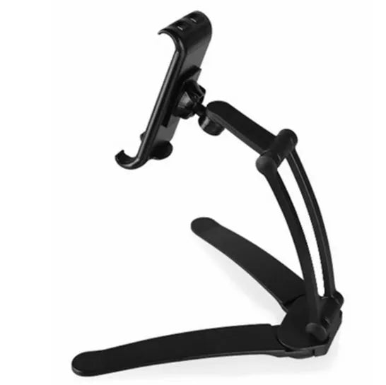 Silver aluminium alloy tablet stand holding a tablet, showing its 360-degree adjustable hinge and chuck system.