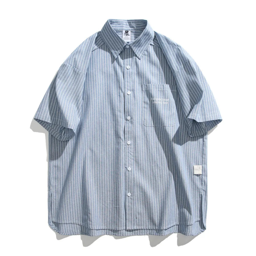 Blue striped loose-fit overalls shirt with short sleeves and cardigan style