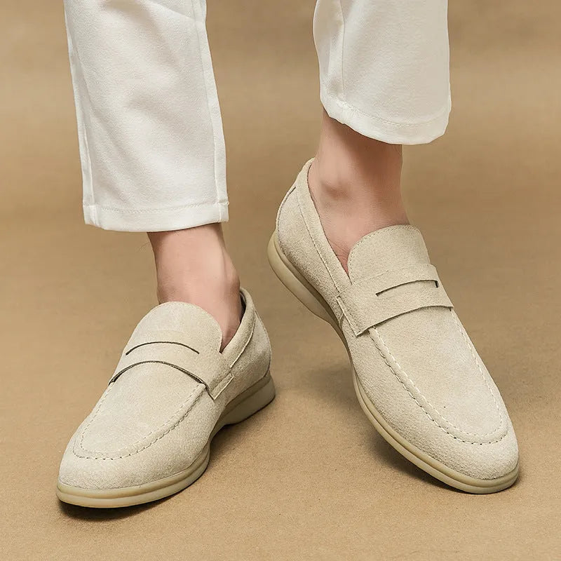 Men's leather slip-on shoes with rubber sole and round-toe design in black, beige or khaki