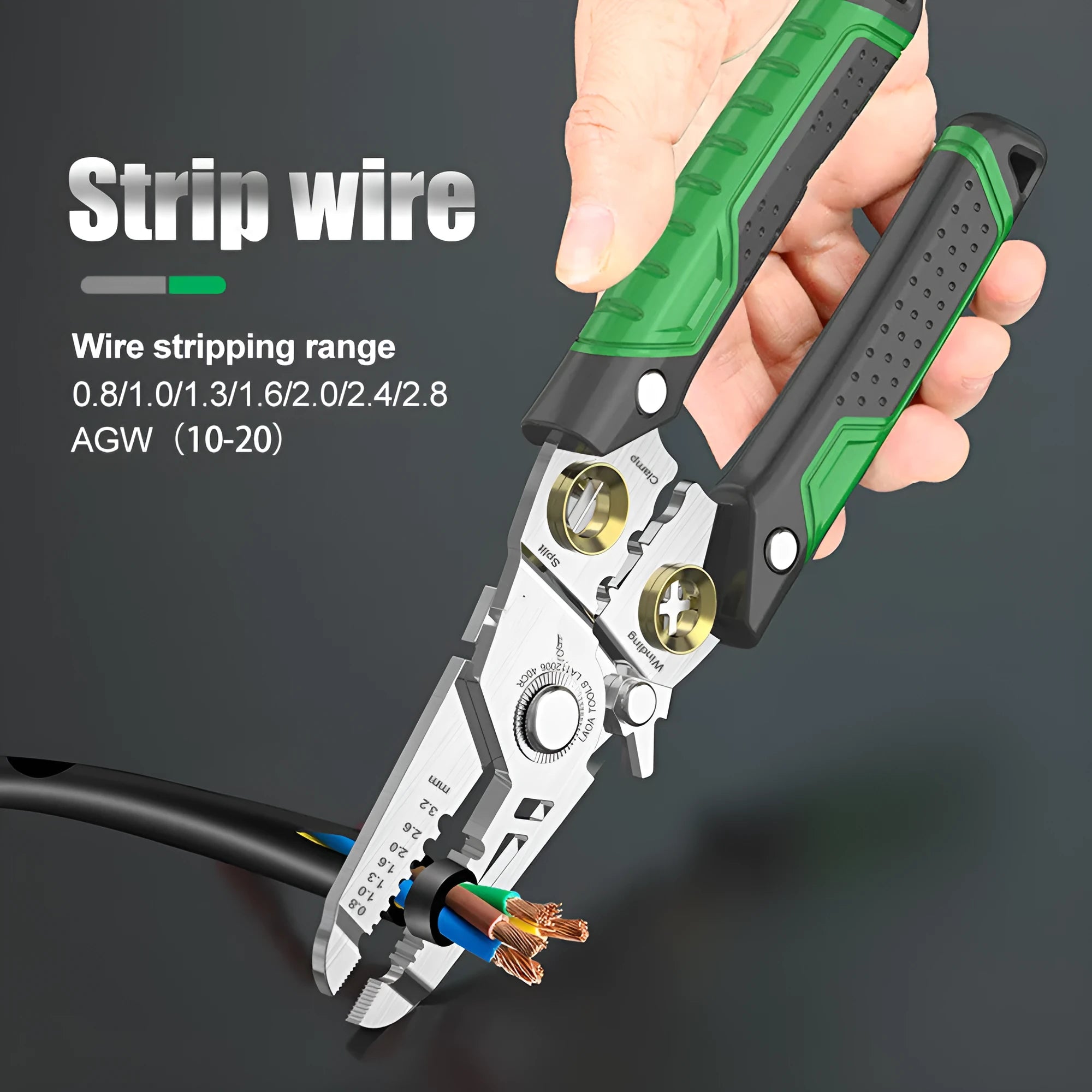 7-in-1 stainless steel wire stripper tool with two-colour ABS handle and seven labelled stripping apertures.