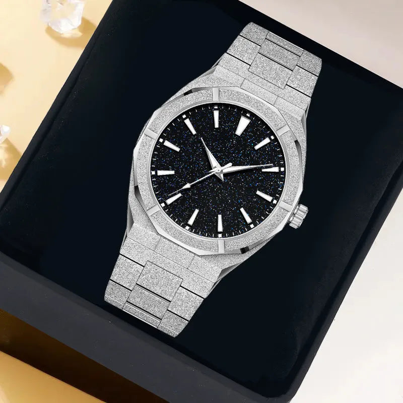 Men's stainless steel business watch with luminous markers in silver, gold, or black