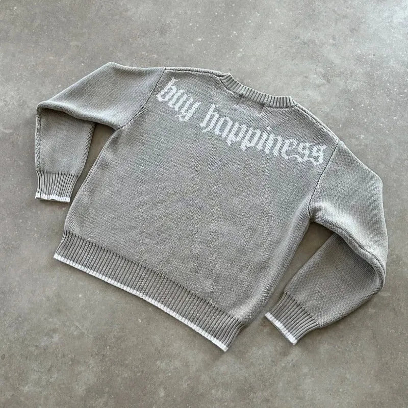 Grey jacquard loose-fitting knitwear coat with long sleeves and pullover style for autumn winter wear
