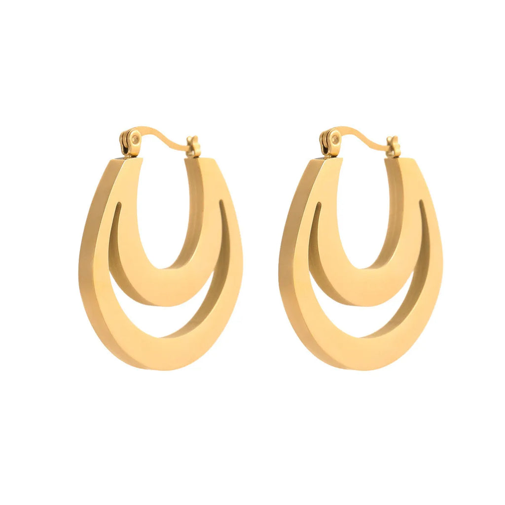 Geometric French earrings with round ring elements in gold and steel colour options