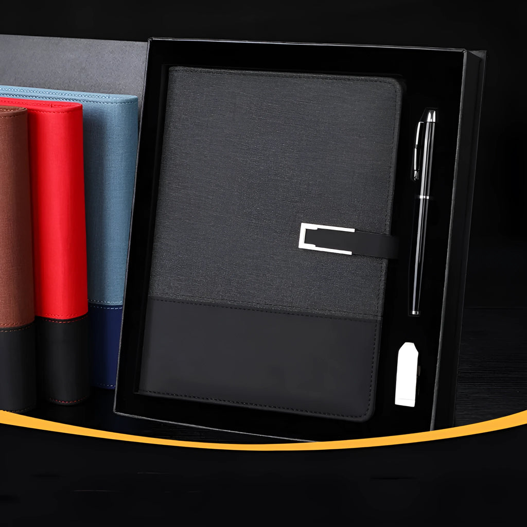 A5 soft leather business notebook in choice of colours with gift box packaging.