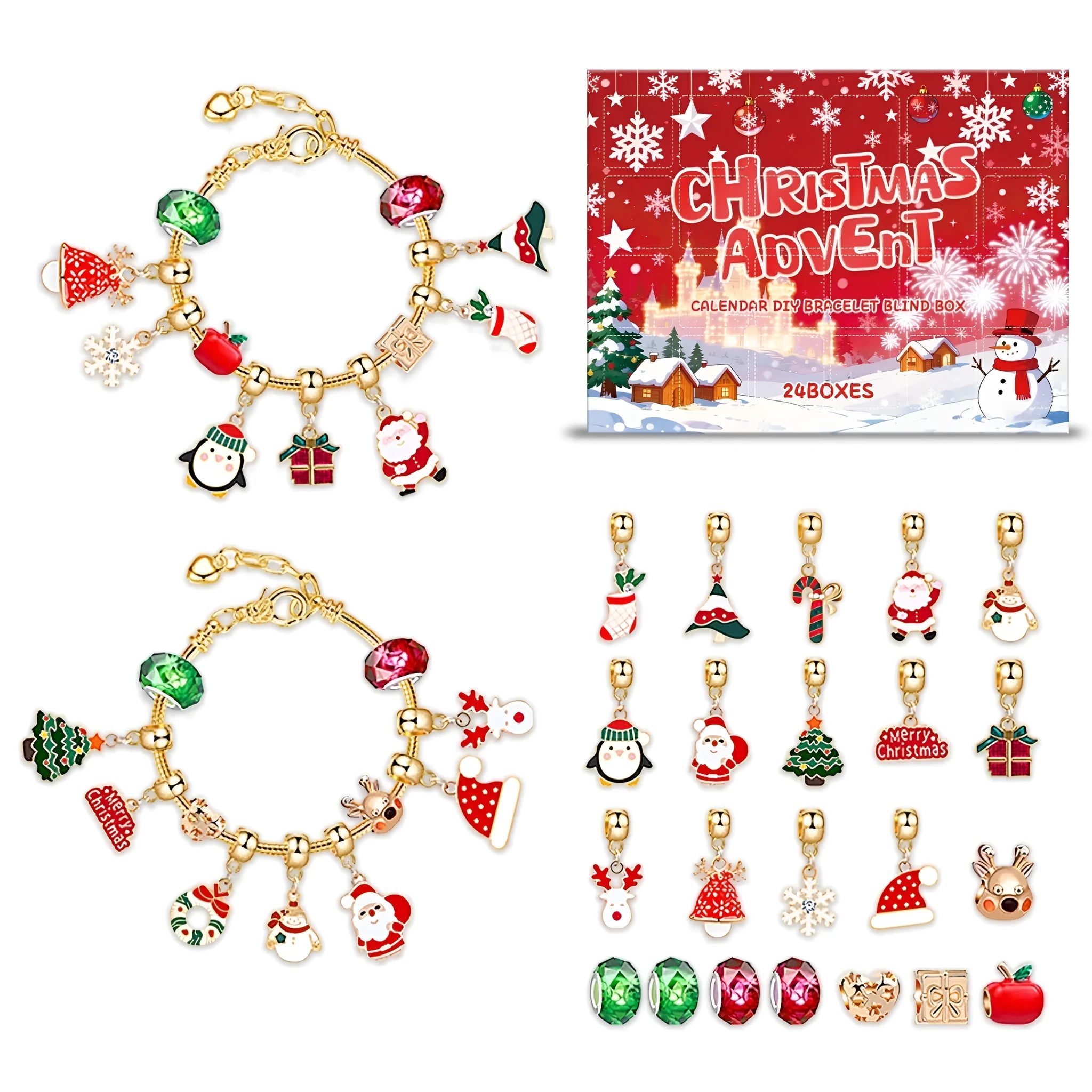 Christmas Advent calendar with 24 DIY bracelet blind boxes in plastic and alloy for daily jewellery craft