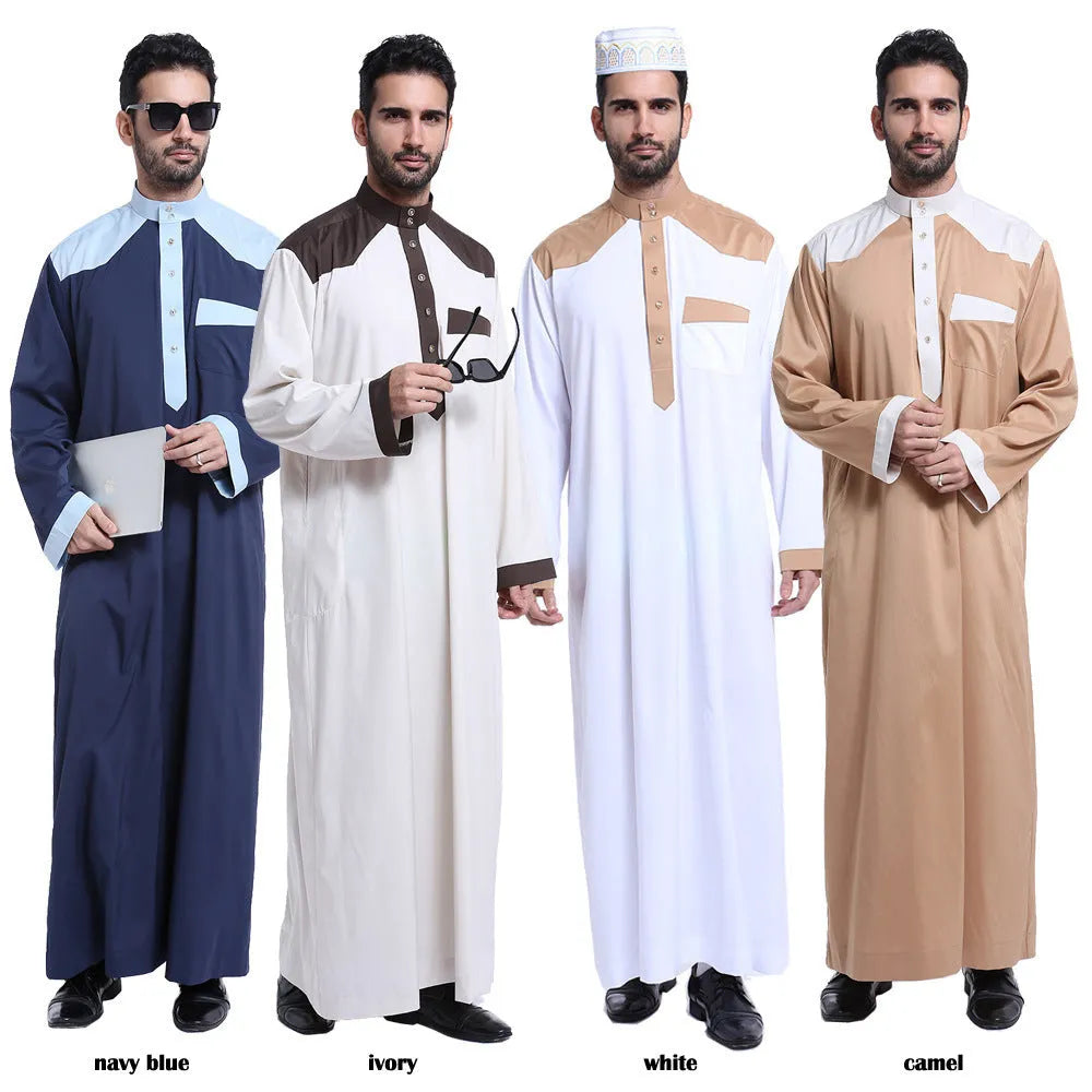 Men's Muslim robe thobe in white with colour-blocked embroidery detail, polyester blend fabric