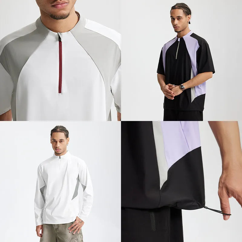 Men's solid colour lightweight polyester top with stitching detail, shown in black and beige with both sleeve length options.