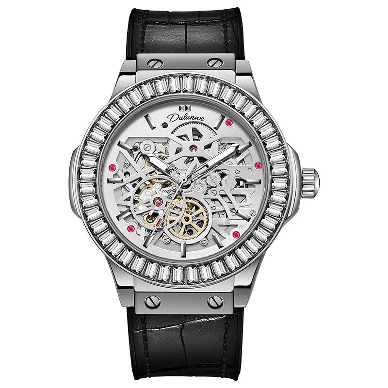 Men's automatic mechanical watch with diamond-studded hollow design and 16mm white case